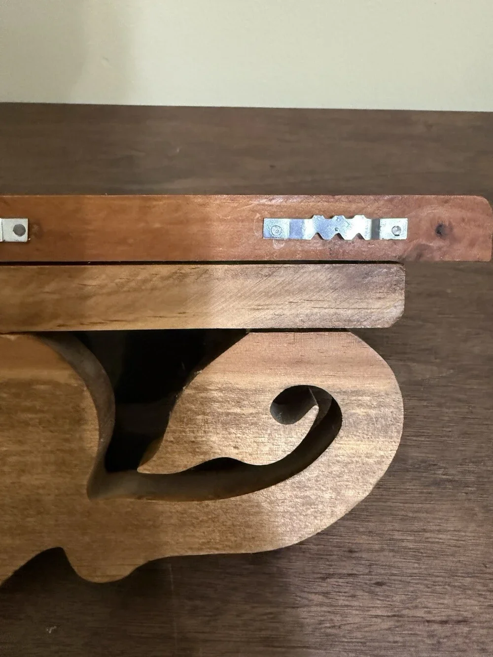 Vintage Handcrafted Wooden Wall Shelf with Heart and Scroll Carved Bracket